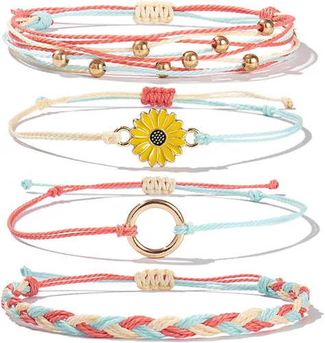 Vista 14 de Pulsera de cuerda trenzada hecha a mano con diseño de girasol para adolescentes y mujeres Beige