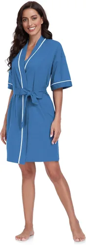Vista 131 de COLORFULLEAF Bata de baño de manga corta para mujer, 100% algodón, longitud hasta la rodilla, con bolsillos