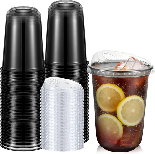 Vista 10 de Ziliny 50 juegos de tazas de café de plástico transparente con tapas para beber, tazas desechables de plástico PET transparente para café helado