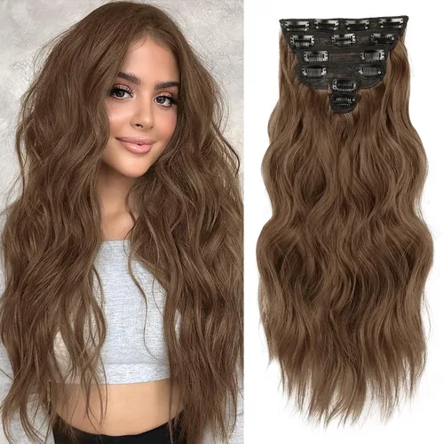 Vista 23 de NAYOO - Extensiones de cabello con clip, extensiones sintéticas onduladas de 20 pulgadas, 6 unidades Wavy Curly Hair, Full Head Coverage, Heat
