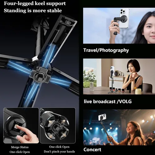 Vista 2 de Palo selfie magnético, 4 en 1 con control remoto, 4.3 pulgadas para vlogging Aluminum Alloy Rod, N52 Magnets, 10m Bluetooth Remote, 360° Rotation