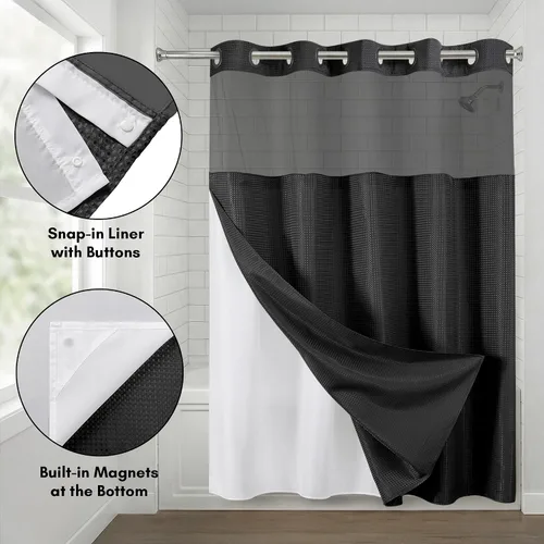 Vista 4 de Americanflat 72x75 cortina de ducha sin gancho con patrón de gofres - Cortina de ducha larga resistente al agua con panel transparente, forro