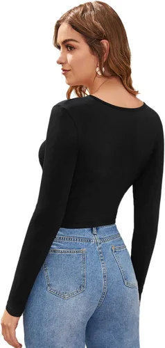 Vista 4 de Verdusa Camiseta corta ajustada de manga larga con cuello en V para mujer