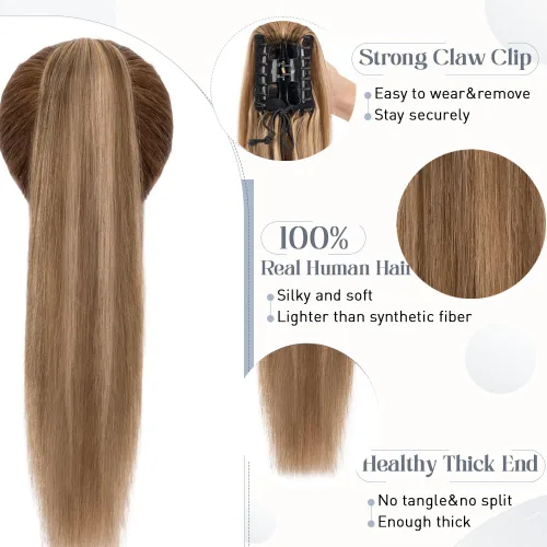 Vista 77 de Rich Choices Extensión de cola de caballo con clip de garra, cabello humano real, una pieza, extensiones de cabello largo Remy para mujer, #18P613
