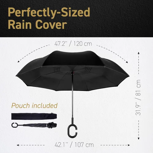 Vista 2 de Paraguas EEZ-Y invertido con doble capa de construcción resistente al viento, reversible y plegable para uso en el automóvil, mango en forma de C