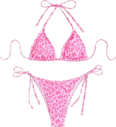Vista 18 de ZAFUL Bikinis triangulares estampados para mujer, 2 piezas, bikini halter, traje de baño de corte alto, traje de baño con lazo lateral 0-negro a