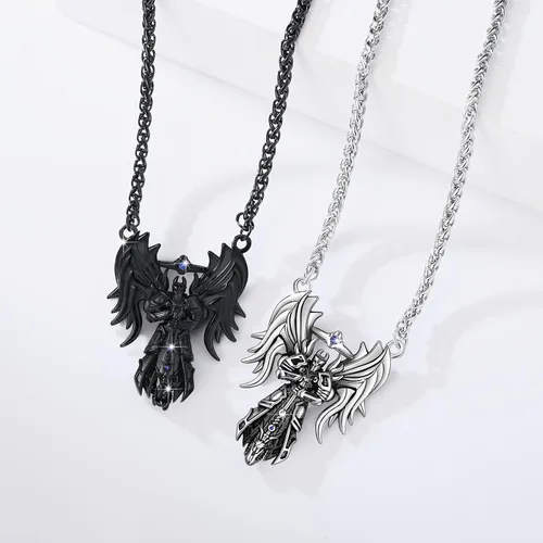Vista 3 de YAMI Collar de alas angulares para hombre, ángel de la guarda, dragón, cuervo, pulpo, collar de anime, collar de acero inoxidable 316