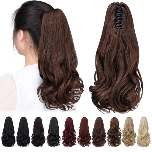 Vista 24 de Cola de caballo con clip, color castaño rojizo, ondulado de 10 pulgadas, extensión de cola de caballo de 3.3 onzas, extensiones de cabello sintético