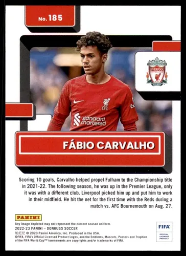 Vista 2 de 2022-23 Donruss FIFA Soccer #185 Fabio Carvalho Liverpool FC Rated Rookie Official Panini Trading Card
