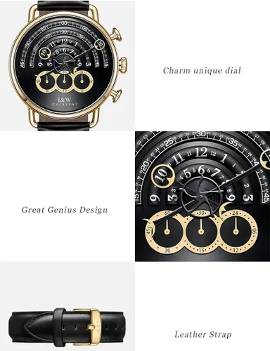 Vista 2 de Luxury Mens Big Dial Chronograph Sapphire Glass Waterproof Quartz Black Leather Gold Watches