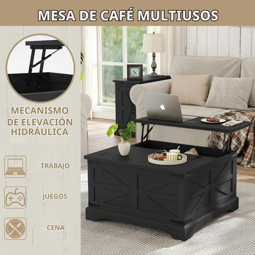 Vista 8 de Furnideco - Mesa de centro de granja con superficie elevable, mesa central cuadrada de madera con gran compartimento de almacenamiento oculto