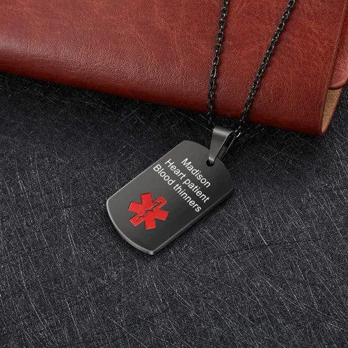 Vista 5 de LanM Collar de alerta médica para hombre, grabado con etiqueta de identificación médica, collar de alerta médica de emergencia para hombres