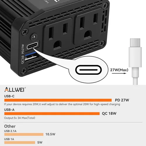 Vista 2 de ALLWEI - Inversor de corriente de 300 W, adaptador de toma de corriente con enchufe para coche, CC 12 V a CA 110 V, con cargador rápido USB-C PD