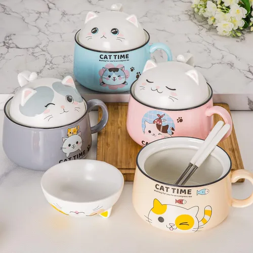Vista 6 de Juego de cuencos para ramen con palillos, lindos cuencos de fideos instantáneos para ramen con diseño de gato lindo con tapa, cuencos de cerámica