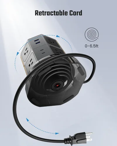 Vista 5 de SUPERDANNY Torre de regleta con cargador inalámbrico de 15 W, cable de extensión retráctil de 6.5 pies, protector de sobretensiones 1050J, estación