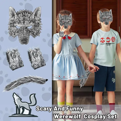 Vista 5 de Máscara de lobo con cola y guantes, disfraz de hombre lobo para hombres, mujeres y niños, disfraz de fiesta de Halloween, cosplay