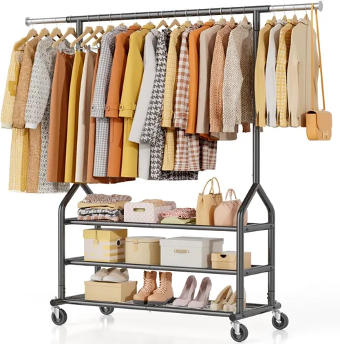 Vista 14 de EAGMAK Perchero de ropa resistente con capacidad de carga de 192 kg, perchero enrollable con estantes, colgador de ropa ajustable de metal