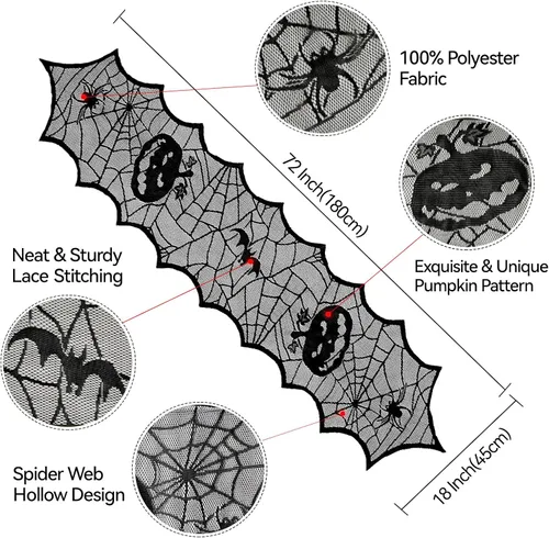Vista 2 de B-COOL Camino de mesa de telaraña de Halloween, tela de araña negra, 2 paquetes de 18 x 72 pulgadas, mantel espeluznante de poliéster para fiestas