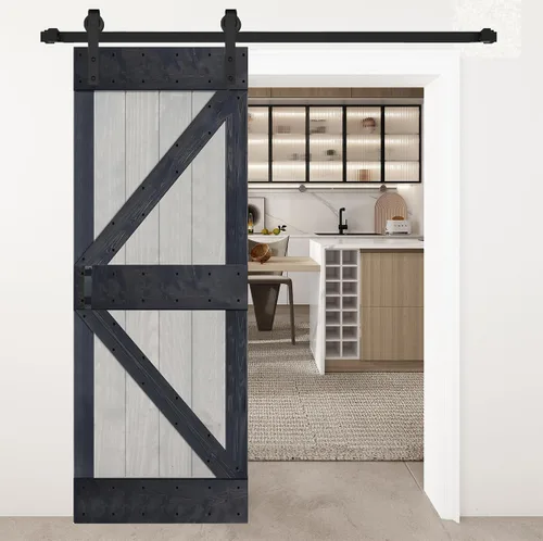 Vista 13 de Serie K - Puerta corrediza de granero de madera maciza con acabado marrón/nogal de 38 x 84 pulgadas con kit de herrajes (requiere montaje)