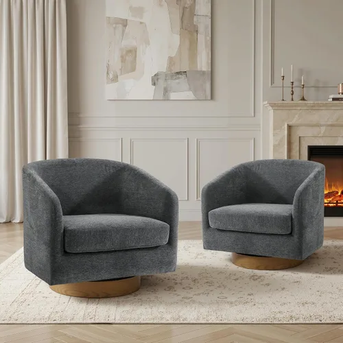 Vista 43 de Silla Giratoria de Acento de Cuero Sintético con Base de Madera, Sillas de Barril Tapizadas Modernas para Sala de Estar, Cómodo Sillón Redondo Sofá