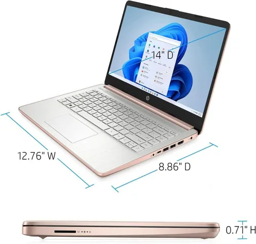 Vista 2 de HP Essential Laptop, pantalla HD de 14 pulgadas, Intel Celeron N4120, 8 GB de RAM, 128 GB eMMC, cámara web, HDMI, Wi-Fi, Windows 11 Home, oro rosa