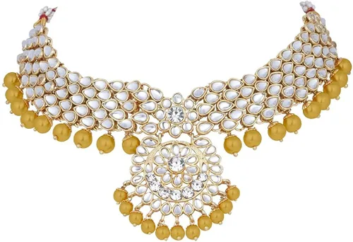 Vista 3 de Aheli Indian Wedding Kundan Beaded Bridal Long Choker Necklace Earrings with Maang Tikka Traditional Jewellery Set for Women