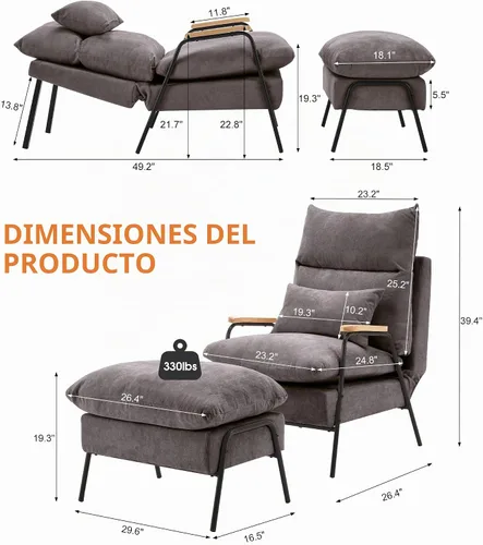 Vista 3 de MCombo Silla reclinable Accent con otomana, sillón de tela moderno, sofá cama tapizado para sala de estar y dormitorio, espacio pequeño 4055