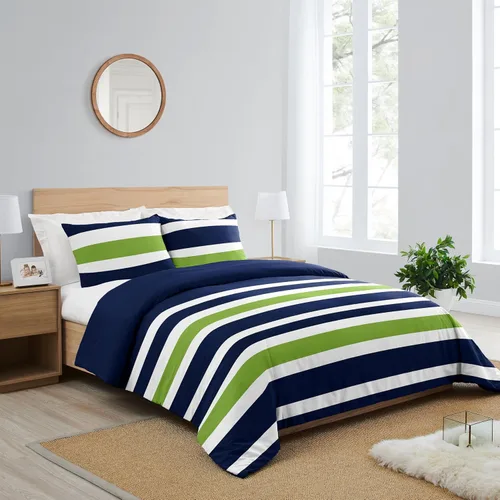 Vista 2 de Sweet Jojo Designs Azul marino, verde lima, verde y blanco, para niños, adolescentes, 3 piezas, matrimonial/queen, colección de ropa de cama a rayas