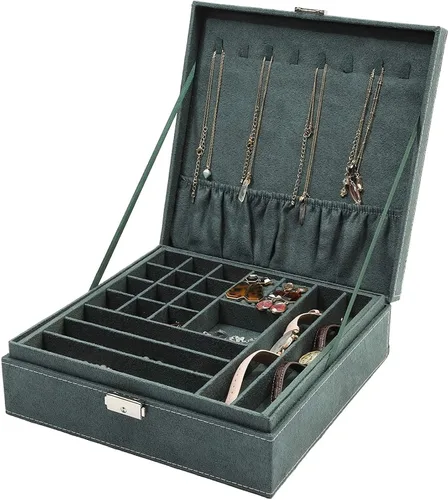 Vista 5 de Joyero de terciopelo verde con cerradura para mujeres y hombres caja de almacenamiento con 2 capas para aretes pulseras collares anillos 105 x 105 x