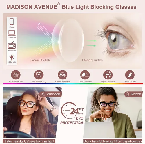 Vista 4 de Madison Avenue Paquete de 2 anteojos cuadrados de gran tamaño con bloqueo de luz azul para mujer, anteojos gruesos de ojo de gato, lentes