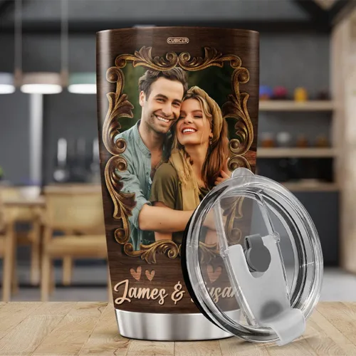 Vista 3 de CUBICER Vaso de café personalizado para aniversario de 10 años, estilo madera, regalo con foto con nombre personalizado para parejas, mujeres