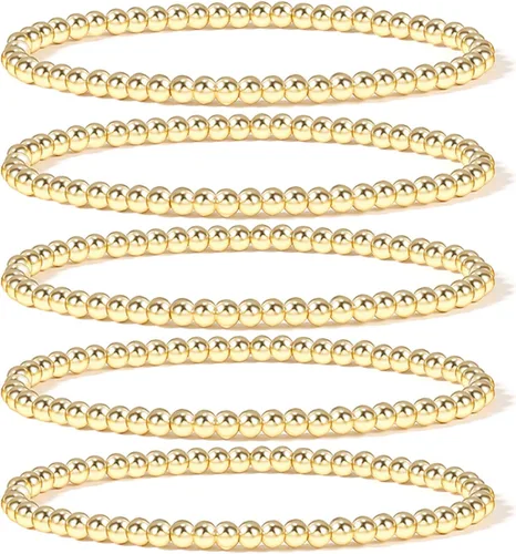 Vista 11 de Elegance 11 diseños - Pulseras de cuentas con bolas chapadas en oro de 14 quilates, elásticas y extensibles, pulseras con cuentas de oro para mujer