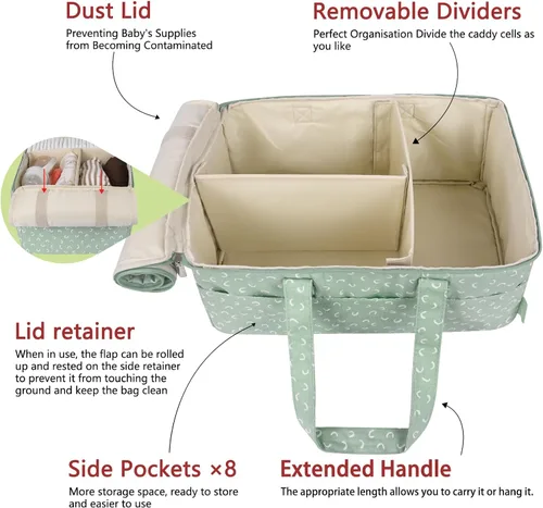 Vista 7 de Organizador de pañales, cesta de bebé para baby shower con tapa, organizador de coche para recién nacidos, artículos esenciales para bebés