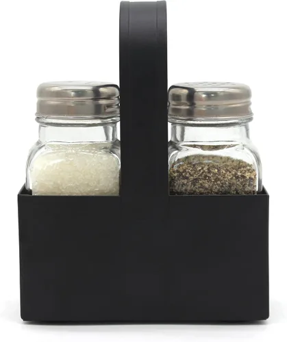 Vista 2 de CVHOMEDECO. Juego de saleros y pimenteros con organizador galvanizado negro, dispensadores de sal y pimienta de vidrio de granja, soporte de metal
