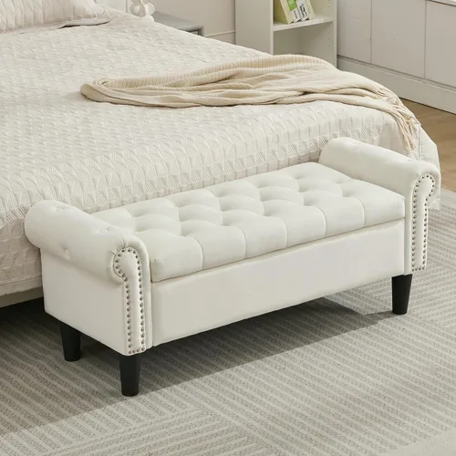 Vista 8 de SOFTHION Banco de almacenamiento de 50 pulgadas para dormitorio, tapizado de lino, beige