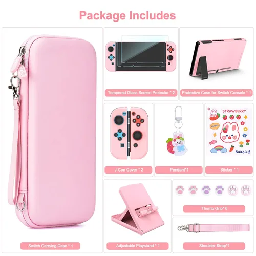 Vista 4 de Younik Switch Accessories Bundle, 17 in 1 Pink Switch Accessories Kit for Girls Include Switch Carrying Case, Adjustable Stand, Protective Case for