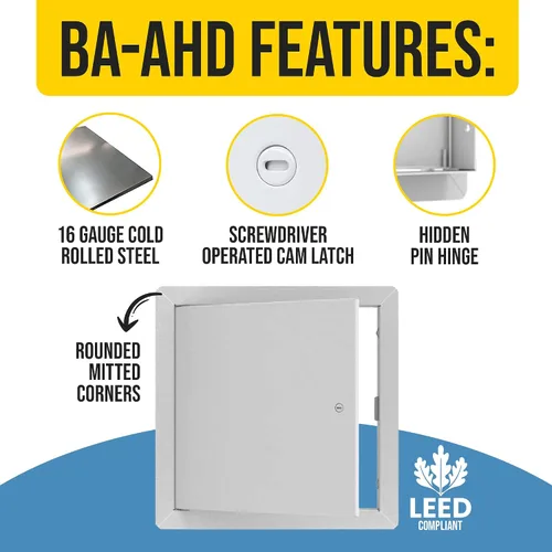 Vista 2 de BEST BA-AHD Panel de acceso de metal de 10 x 10 pulgadas con bisagra de pasador oculta, puerta de acceso de acero calibre 16 compatible con LEED
