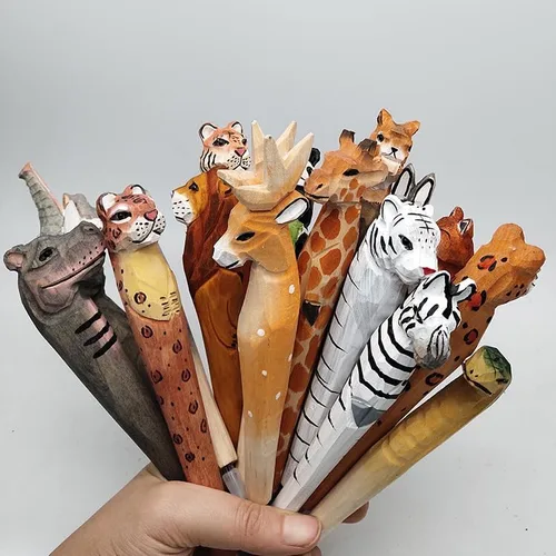 Vista 3 de Bolígrafo de gel de animales tallados en madera 100% hecha a mano, jirafa, perro, tigre, unicornio, lindo, material escolar, suministros de oficina