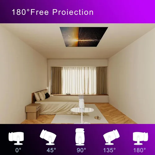 Vista 2 de Mini proyector portátil inteligente de 180° 4K con WiFi y Bluetooth para iPhone, proyector de techo de dormitorio 300ANSI con aplicaciones 1080P