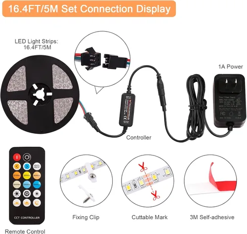 Vista 5 de Tira de luces LED, regulables de 16.4 pies, tiras de luz LED de 2700K-6500K con luz brillante remota, 600 luces LED flexibles con adhesivo fuerte