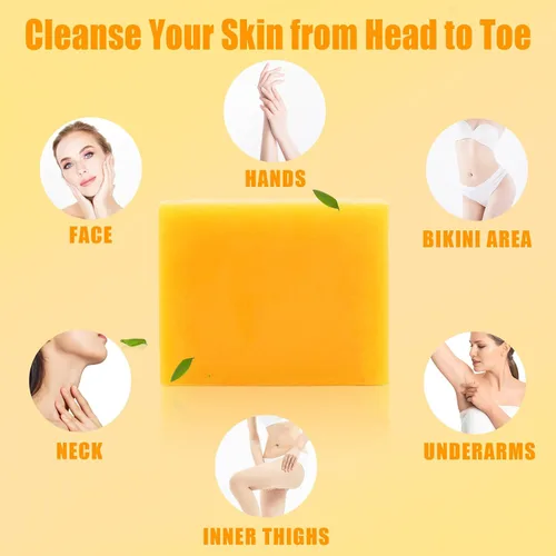 Vista 4 de Paquete de 3 barras de jabón de cúrcuma para limpiador facial y corporal, jabón de cúrcuma orgánico, piel suave e hidratante, jabón tumérico
