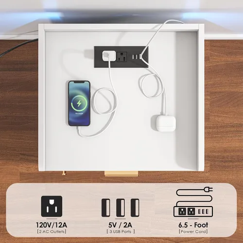 Vista 5 de Mesita de noche con estación de carga y luces LED, mesita de noche con cajón, mesita de noche con almacenamiento de gabinete, mesita de noche