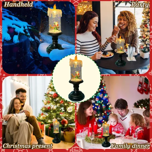 Vista 3 de Velas sin llama parpadeantes de Navidad, diseño de globo de nieve, luz de vela, agua arremolinada con purpurina, velas giratorias con temporizador