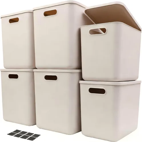 Vista 10 de Cestas de almacenamiento de plástico de 4 piezas con tapas, contenedores organizadores apilables de 11.8 x 8 x 10 pulgadas con asas, contenedores