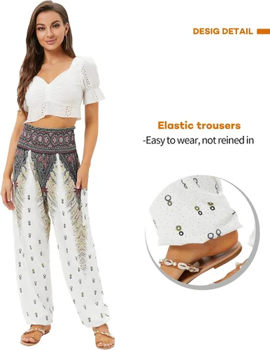 Vista 3 de QIANXIZHAN - Pantalones deportivos de tiro alto para mujer, diseño estilo harén bohemio con bolsillos, para yoga