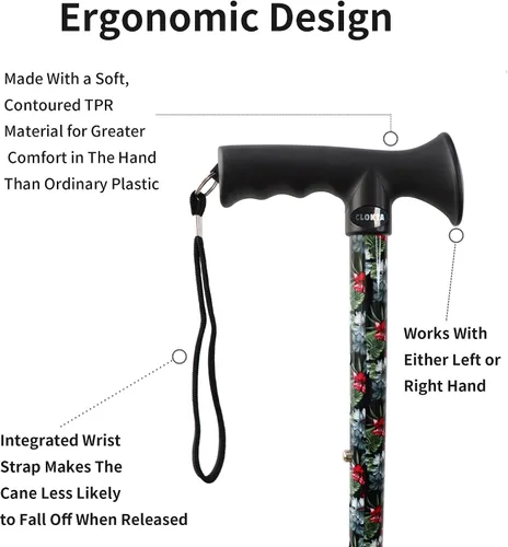 Vista 5 de Bastón para caminar para hombres y mujeres, plegable, floral, ligero, ajustable, portátil, para bastones plegables, cómodo mango en T para adultos