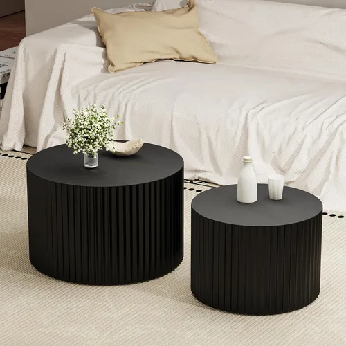 Vista 11 de Juego de 2 mesas auxiliares redondas de travertino de 18 pulgadas (travertino) for Living Room, Travertine Side End Table, Nested Design, Mid