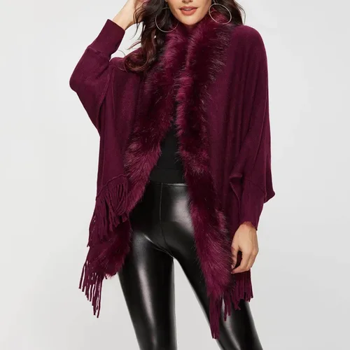 Vista 4 de Cárdigan de punto sólido para mujer para otoño e invierno, con borlas al frente abierto, chal, capa, capa, cárdigans