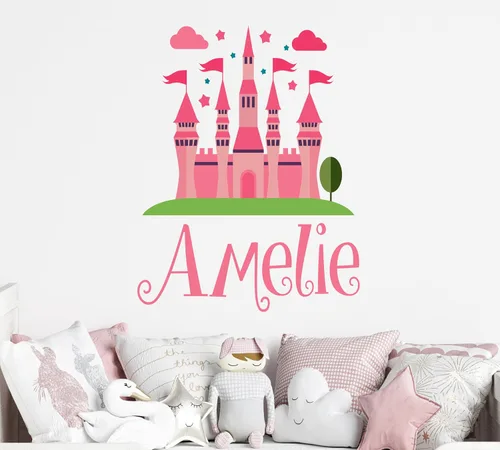 Vista 3 de Calcomanía de pared de castillo de princesa con nombre personalizado, mural de castillo de despegar y pegar para habitación de niñas, guardería