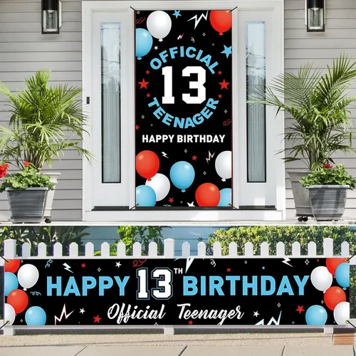 Vista 2 de Kit de decoración de pancarta de fondo de cumpleaños de 13 años, decoración de feliz cumpleaños número 13 para niños y niñas, suministros oficiales